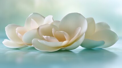 Close-up of three delicate, creamy white magnolia blossoms on a pale blue surface.