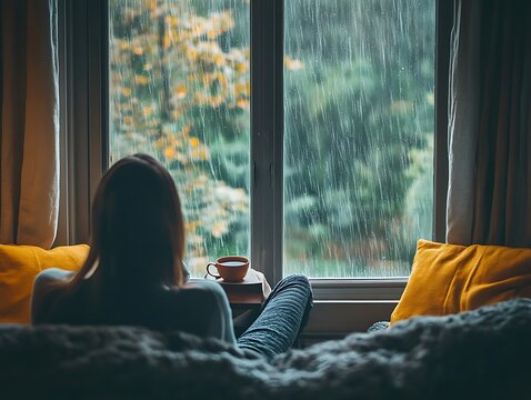 A person enjoying a cup of tea while sitting by a window, watching the rain outside in a peaceful living room.