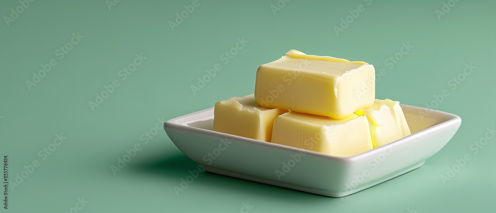 Poster a large copy area for usage as a backdrop featuring butter in a square white dish from above and up 