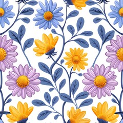 Whimsical Aster Flower Seamless Pattern, Playful Botanical Vector Design