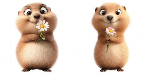 A cheerful groundhog holding a flower, smiling brightly, embodying joy and friendliness in a playful, animated style.