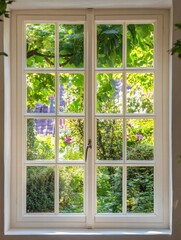 Bright garden view through a white window showcasing lush greenery and vibrant flowers in a serene outdoor setting. Generative AI