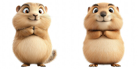 Fototapeta premium A curious groundhog, expressive 3D art, exuding charm with their round bodies and cheerful expressions.