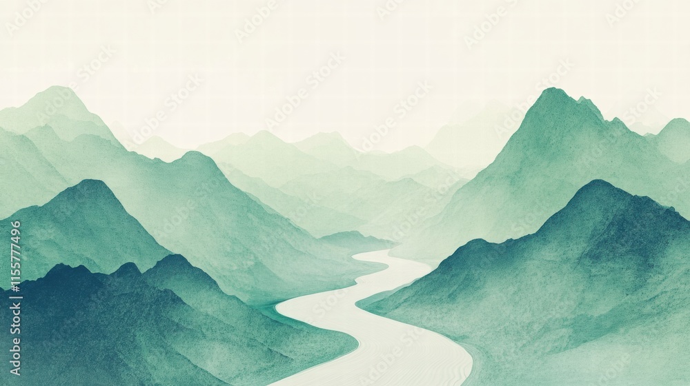 Fototapete winding river flows through serene mountain range with ample copy space for personalized text. gener