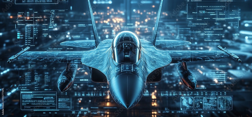 Poster futuristic fighter jet with digital interface elements in a high-tech environment.