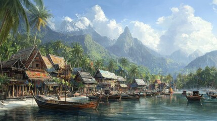 Obraz premium Tranquil Village with Boats in a Tropical Bay