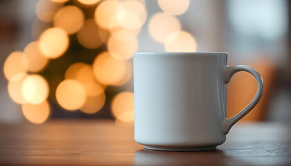 White Ceramic Mug on Wooden Surface Warm Bokeh Background