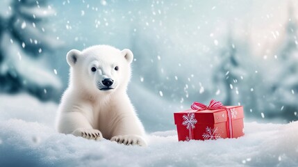 Fototapeta premium Charming polar bear cub holding a red gift box in a snowy winter landscape, surrounded by magical snowflakes