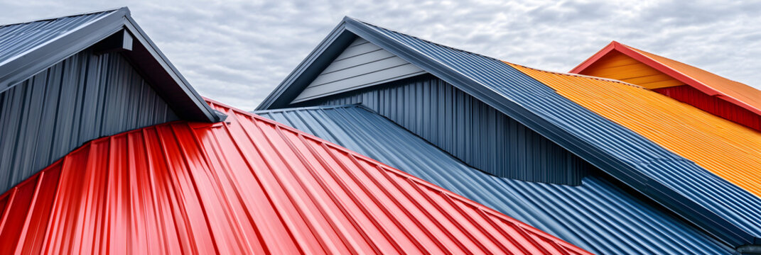 Colorful corrugated metal rooftops in red, blue, and yellow tones against a cloudy sky, showcasing vibrant industrial design, modern architecture, and geometric patterns