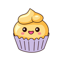 Cute Cupcake Cartoon Kawaii Sticker. Character Vector Illustration