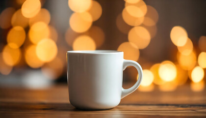 Fototapeta premium White Ceramic Mug on Wooden Surface Warm Bokeh Background