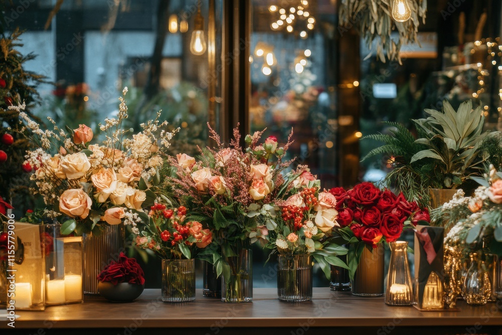 Poster Stylish storefront display featuring an array of flower arrangements in glass vases with warm lighting. Generative AI