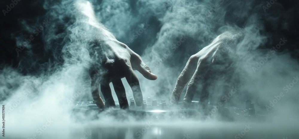Poster hands hovering over a keyboard in a smoky atmosphere, suggesting creativity.