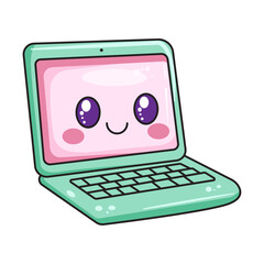 Cute Laptop Cartoon Kawaii Sticker. Character Vector Illustration
