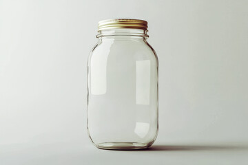 A clear glass jar with a metal lid, empty and minimalistic, set against a soft background.