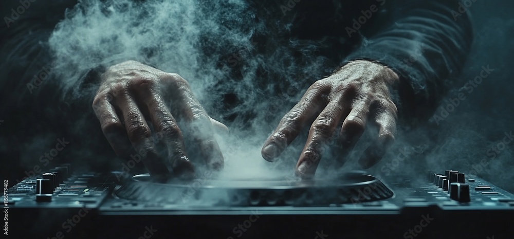 Poster hands manipulating a dj mixer with smoke effects, creating a dynamic atmosphere.