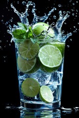 Refreshing lime and mint drink with ice, splashing water, dark background. Perfect for summer cocktails, healthy drinks, and vibrant imagery.