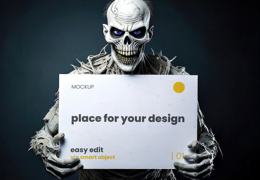 Undead Zombie Holdign an Horizontal Poster Page Sign Halloween Mockup