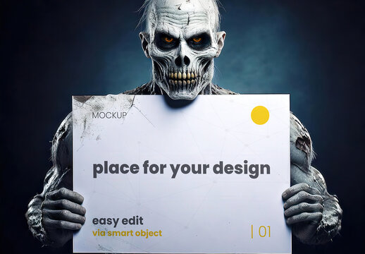 Undead Zombie Holdign a Rusty Horizontal Poster Page Sign Mockup