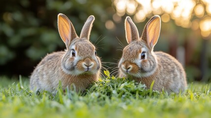 Fototapeta premium Two rabbits enjoy fresh grass at sunset in a serene garden setting
