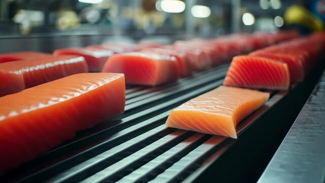 Freshly cut pieces of tuna and salmon are seen moving along a conveyor belt in a seafood processing facility, showcasing the precision and care in handling quality fish products.
