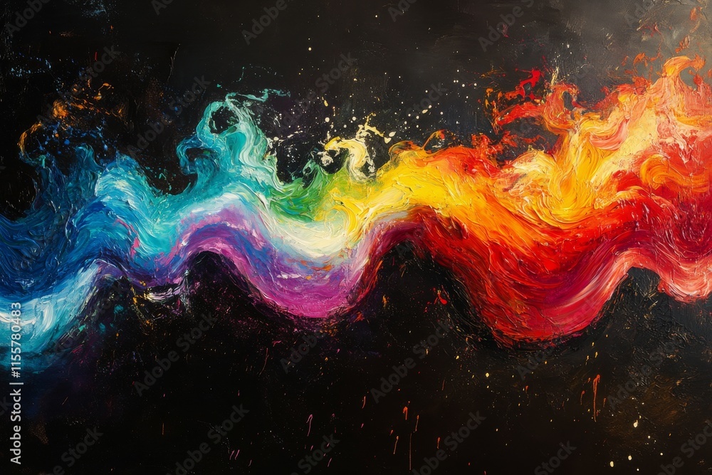 Poster abstract painting with vibrant colors and dynamic wave patterns on a dark background
