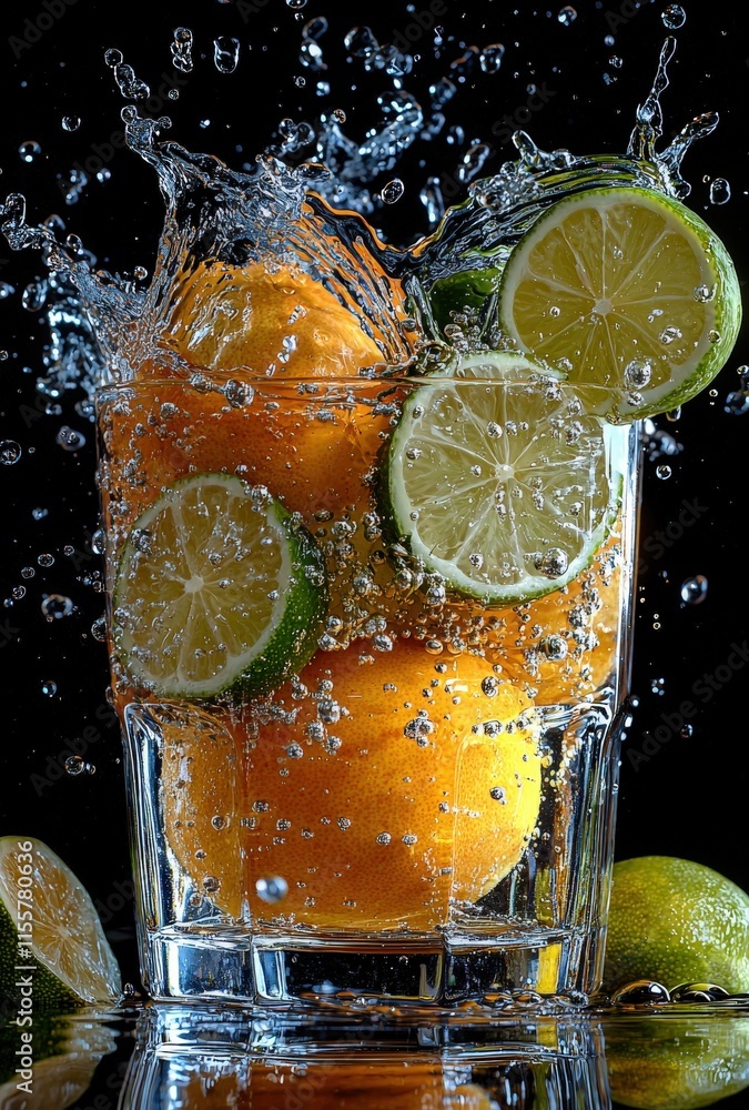 Poster refreshing citrus fruits splashing into a glass of sparkling water, creating a vibrant and dynamic i