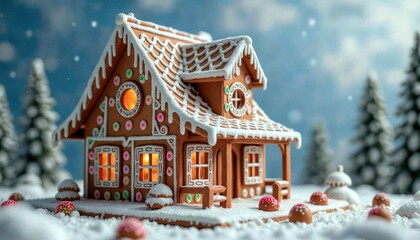 Naklejka premium Wooden Gingerbread House with Icing and Candies on Snowy Landscape