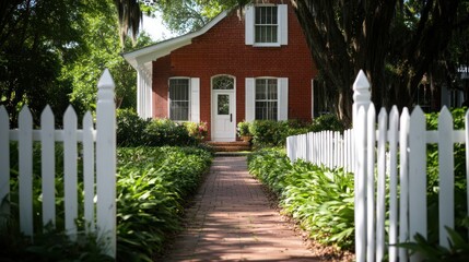 Naklejka premium Brick House with White Picket Fence and Lush Greenery