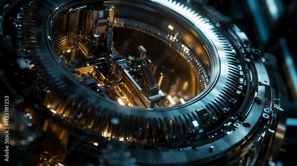 Poster intricate mechanical components illuminated in a futuristic setting.
