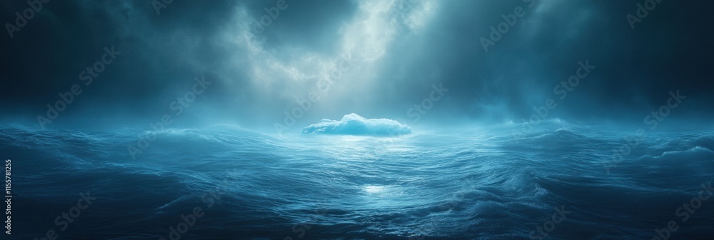 Poster melting iceberg floating serenely in the expansive blue ocean under a cloudy sky. generative ai
