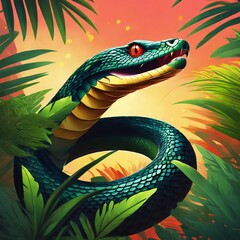 vector illustration of a big green snake with red eyes near leaves