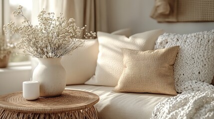 Cozy living room with beige pillows, dried flowers, and candle.