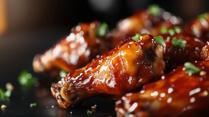 Juicy chicken wings coated in a rich glaze, garnished with herbs.