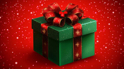 A green Christmas gift box scene featuring beautifully wrapped red and green presents adorned with elegant ribbons. The gifts are surrounded by sparkling Christmas ornaments, set against a vibrant