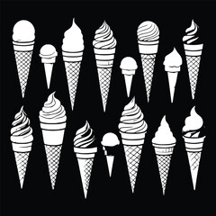 Set of cone ice cream vector icon silhouette illustration