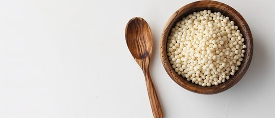 Close-up and top perspective of starch tapioca pearls in a wooden bowl with a spoon&nbsp;set against a stark white background with lots of text area,&nbsp; Generative AI.