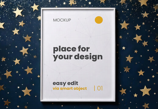 Poster Silver Frame Vertical Sign Mockup in Space with Golden Handmade Stars