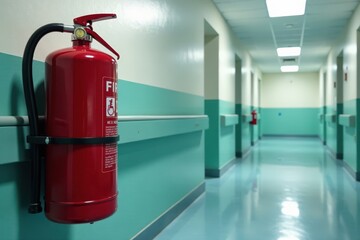 Fototapeta premium Red fire extinguisher, hospital corridor wall, medical facility, metal