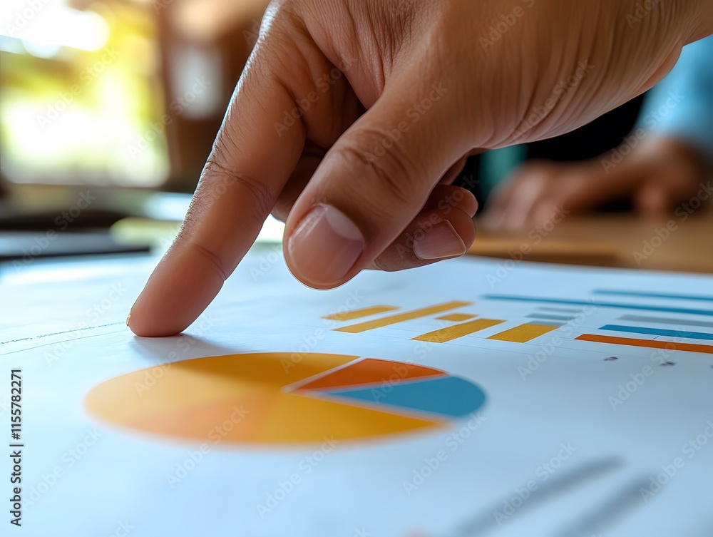 Poster Hand Pointing to Business Chart on Paper with Colorful Pie and Bar Graphs Representing Data Analysis and Financial Insights in Modern Office Environment