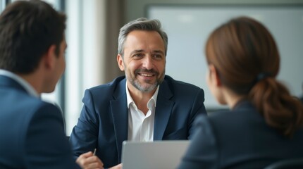 Obraz premium Professional Business Meeting with Smiling Leader. Successful Collaboration in a Modern Office. Corporate Team Meeting with a Professional Leader. 