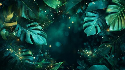 Lush green leaves with sparkling lights create a vibrant, tropical atmosphere.