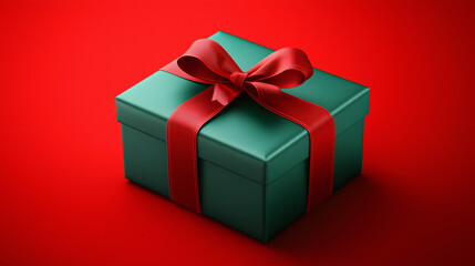 Obraz premium A green Christmas gift box scene featuring beautifully wrapped red and green presents adorned with elegant ribbons. The gifts are surrounded by sparkling Christmas ornaments, set against a vibrant