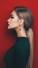 Fototapeta premium Elegant woman with red lipstick and dark eyeliner, wearing a green turtleneck and dangling earrings against a red background.