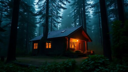 Cozy cabin illuminated in a serene forest setting at dusk.