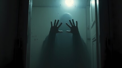 A scary image of hands behind glass, a ghost of horror behind the door