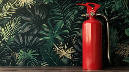 Obraz premium Bright Red Fire Extinguisher on Tropical Leaf Background Display
