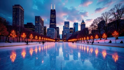 Obraz premium Icy Millennium Park rink, Chicago skyline glittering , ice crystals, dark
