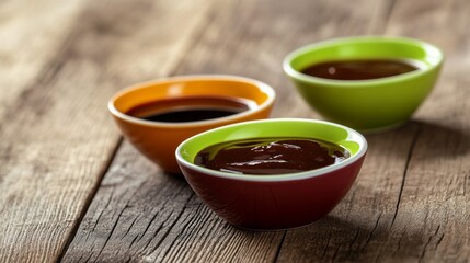 Colorful Sauces in Bowls on Wooden Table