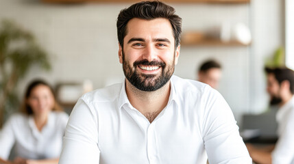 Obraz premium Professional smiling man in modern office setting business environment portrait photography